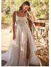 Ivory 3D Floral Lace Tulle Slit Glitter Wedding Dress